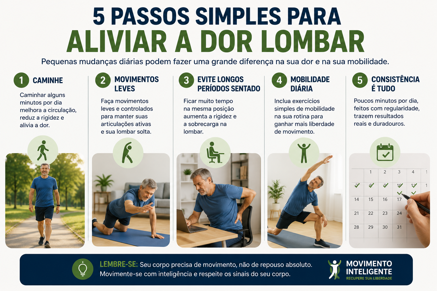 Infográfico com 5 passos simples para aliviar a dor lombar