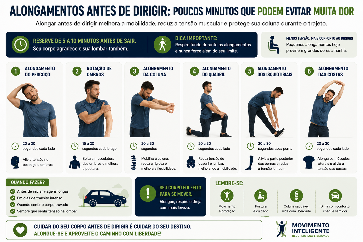 Infográfico com alongamentos antes de dirigir para reduzir dor lombar