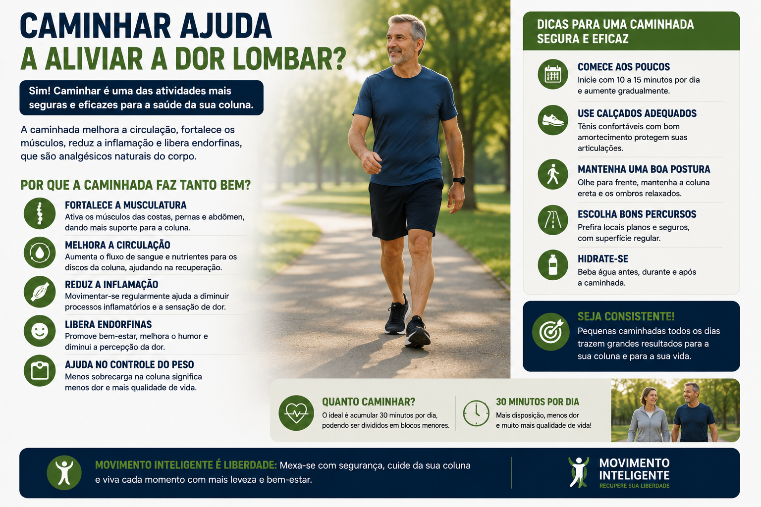 Infográfico explicando os benefícios da caminhada para aliviar dor lombar