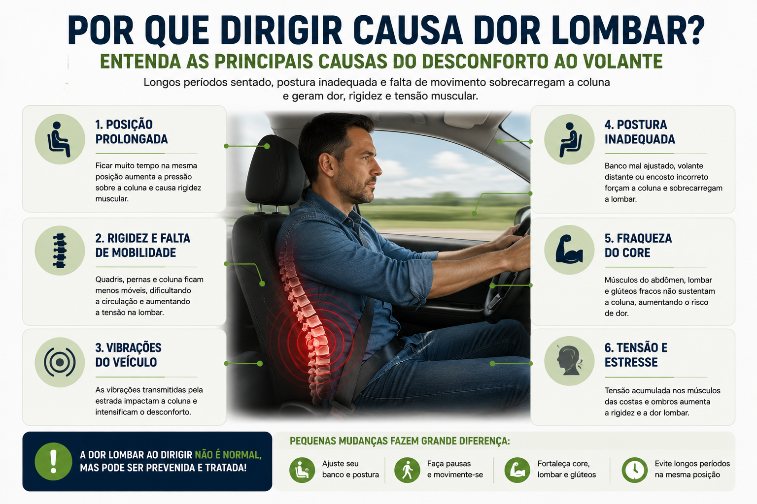 Infográfico explicando as causas da dor lombar ao dirigir