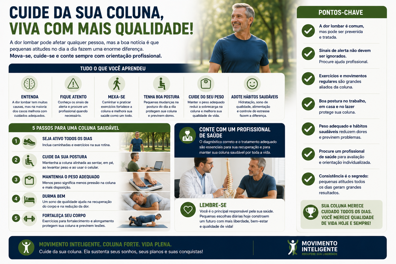 Infográfico final com dicas para cuidar da coluna e viver com mais qualidade