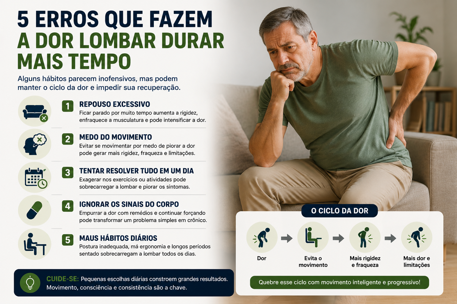 Infográfico com erros que fazem a dor lombar durar mais tempo