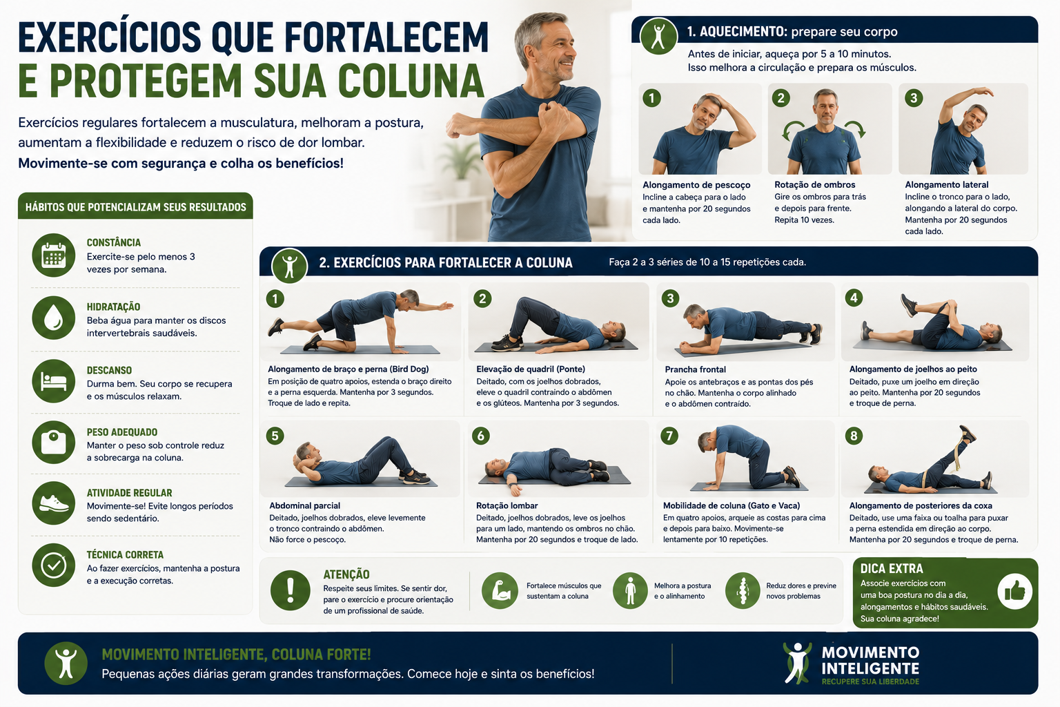 Infográfico com exercícios que fortalecem e protegem a coluna