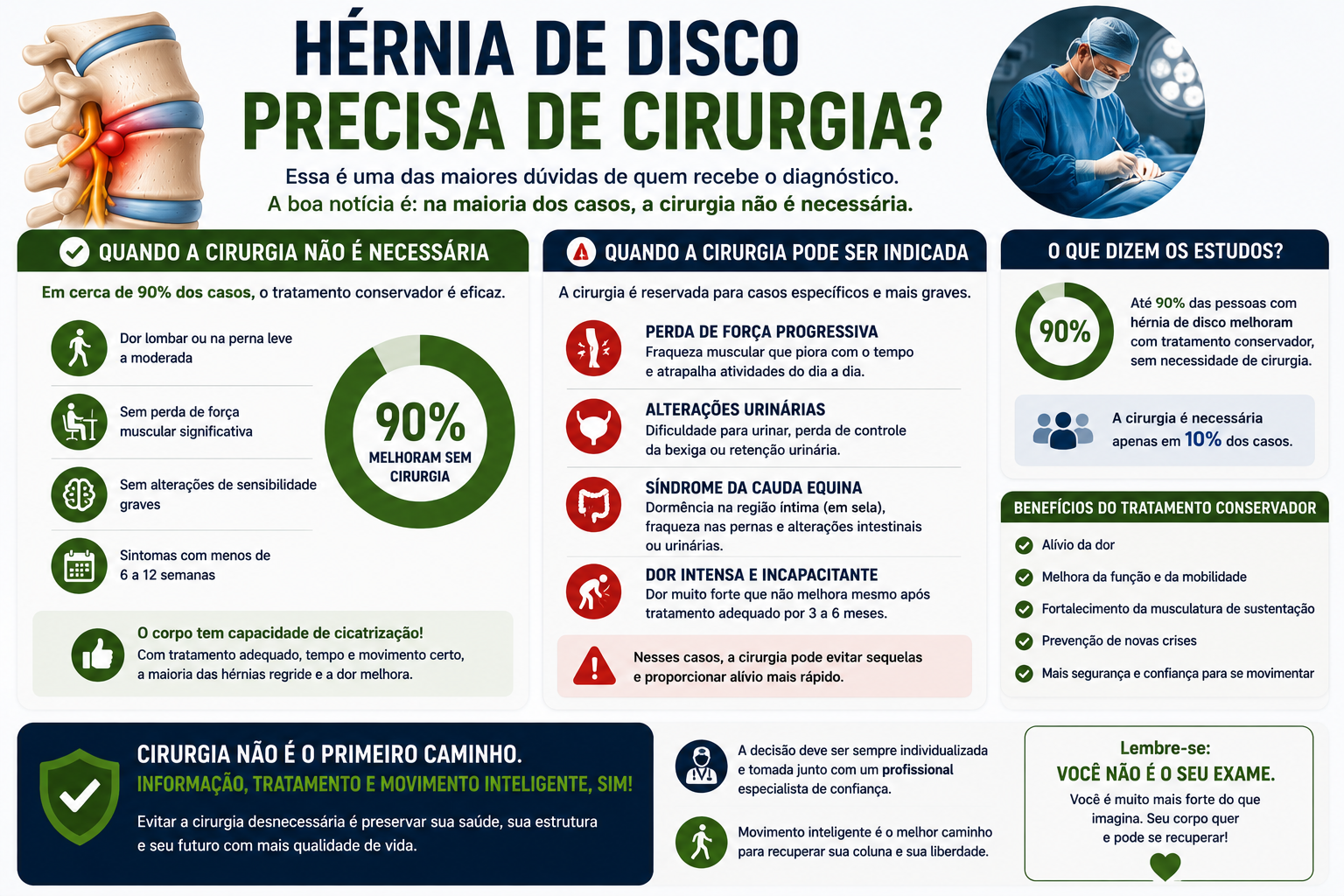 Infográfico explicando se hérnia de disco precisa de cirurgia