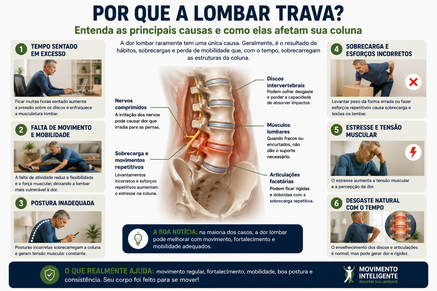 Infográfico sobre postura correta para proteger a coluna e reduzir dor lombar