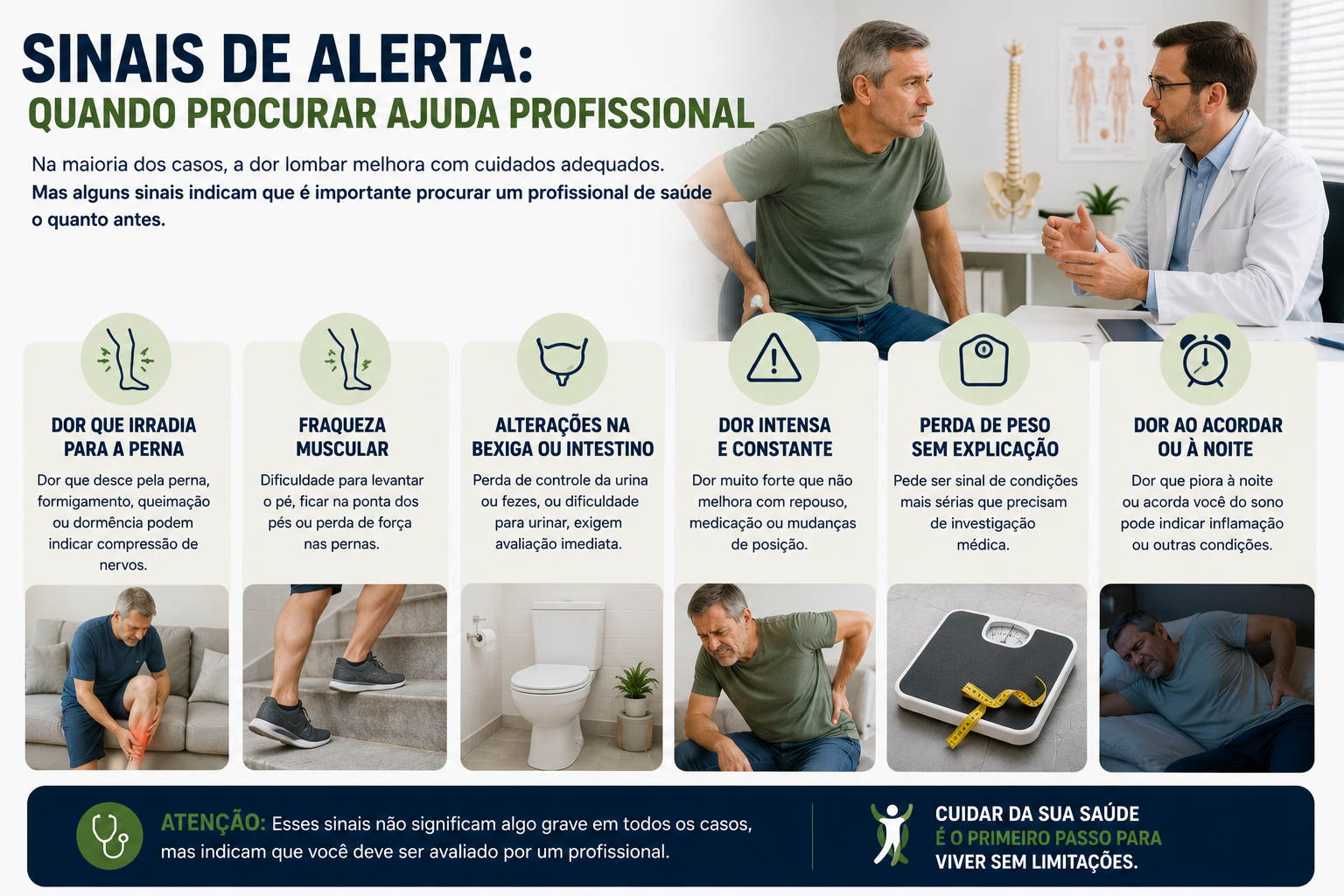 Infográfico com sinais de alerta da dor lombar e quando procurar ajuda profissional