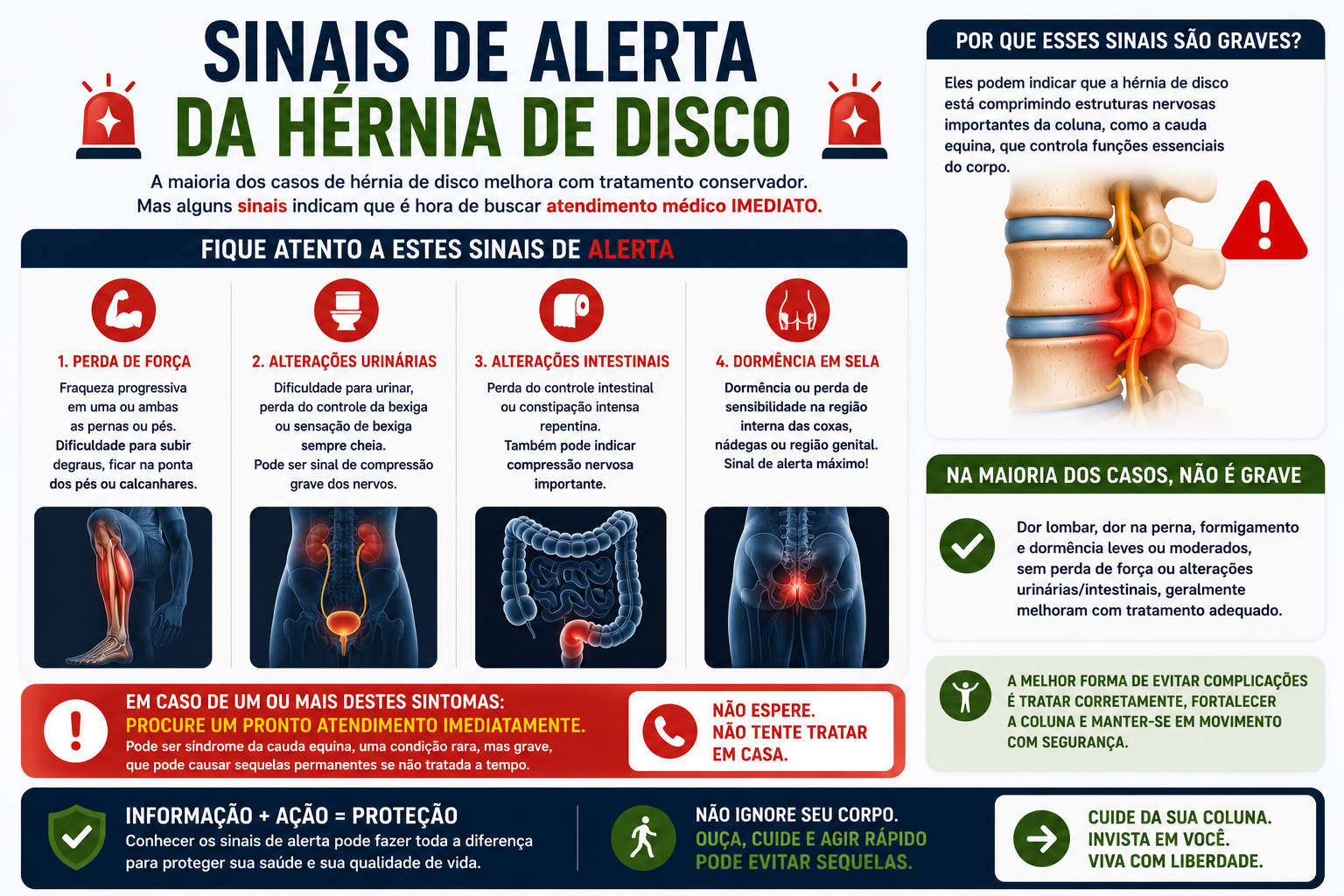 Infográfico com sinais de alerta da hérnia de disco que exigem avaliação médica