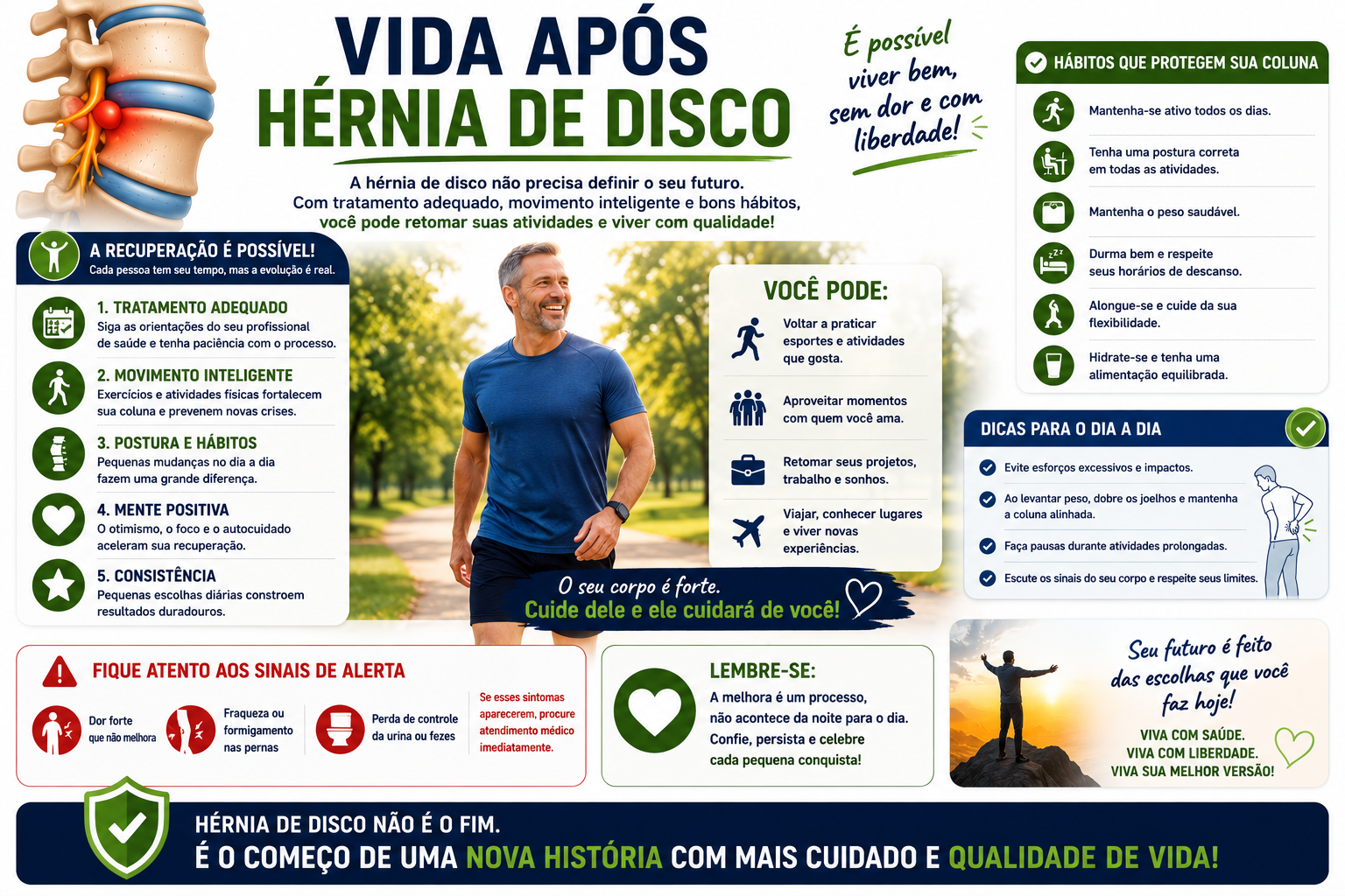 Infográfico sobre vida após hérnia de disco com hábitos saudáveis e movimento inteligente